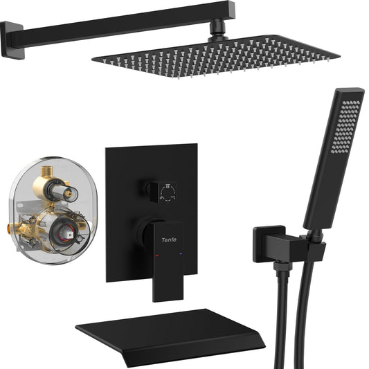 4PSQ Exbrite Male NPT Matte Black Shower System, 12 Inch Shower Fixtures Rain Shower Head with Handheld Shower Spray, Wall Mount Shower Faucet Set for Bathroom(Pressure Balance Shower Trim Valve Kit Included) - ExBriteUSA