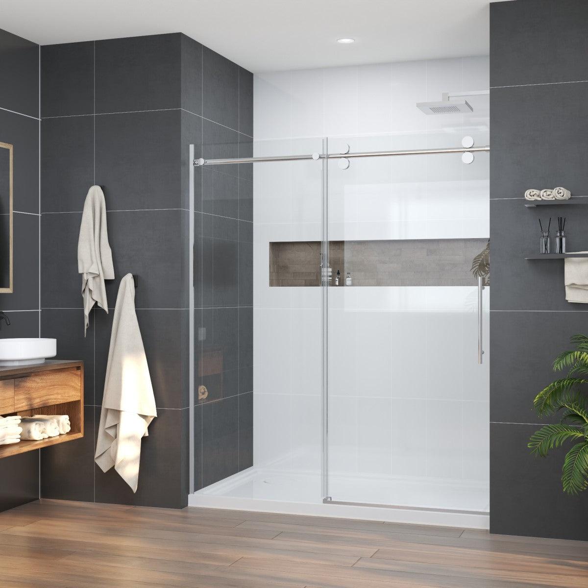 Anchor-H Allsumhome 56"-60"W x 76"H Frameless Sliding Shower Door,10mm Tempered Glass Shower Enclosure,Double Side Easy Clean Coat,Chrome,Buffer