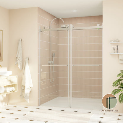 ExRoll-P Allsumhome 56"-60"W x 76"H Frameless Double Sliding Shower Door,10mm Tempered Glass Shower Enclosure,Easy Clean Coat,Brushed Nickel,Buffer