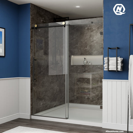 Anchor 56"-60" Width x 74" Height Frameless Sliding Shower Door,Clear Tempered Glass,Matte Black,Smooth Door Closing,Vertical Handle - ExBriteUSA