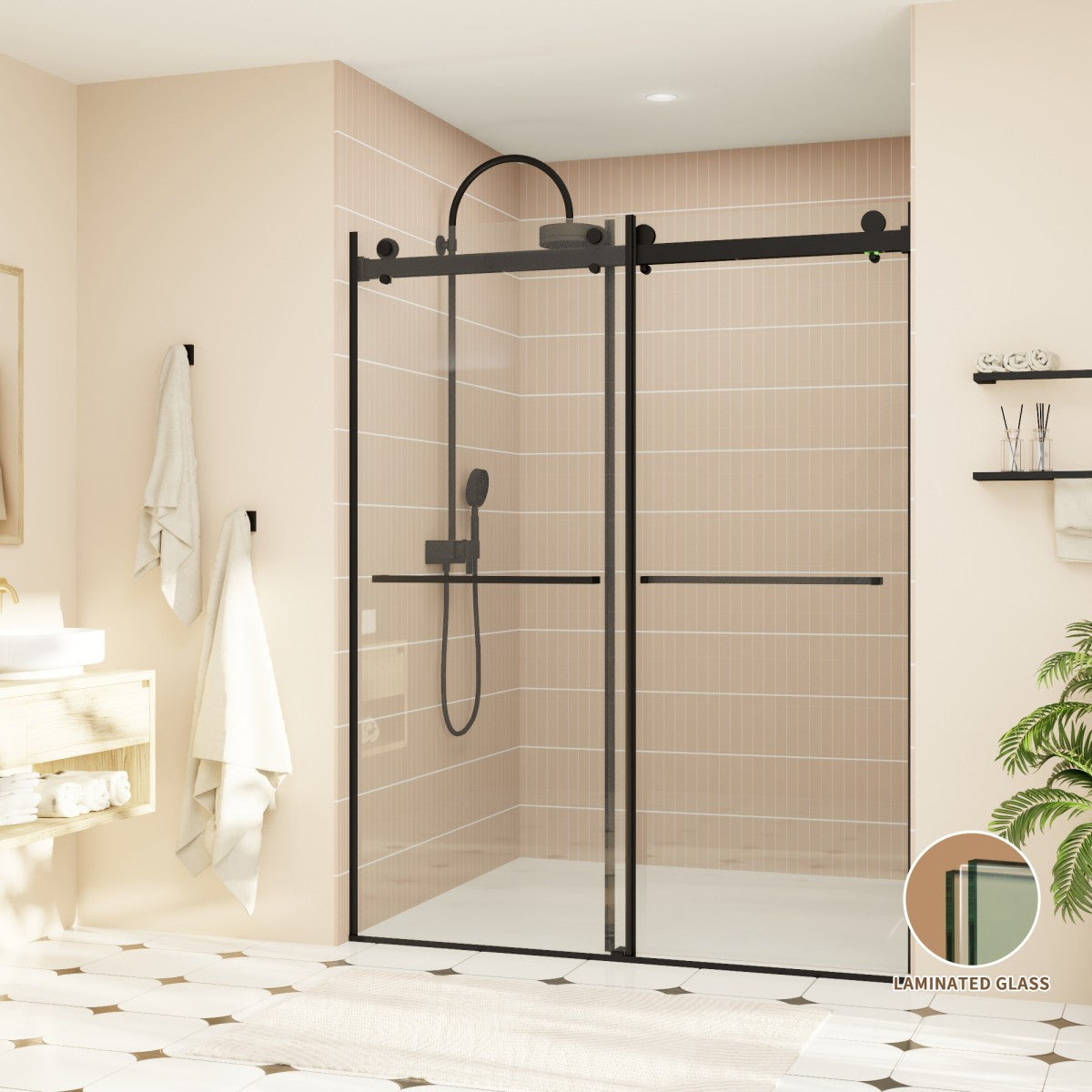 ExRoll-P Allsumhome 56"-60"W x 76"H Frameless Double Sliding Shower Door,10mm Tempered Glass Shower Enclosure,Easy Clean Coat,Matte Black,Buffer