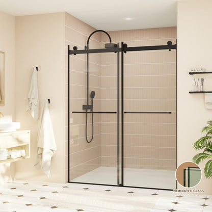 ExRoll-P Allsumhome 56"-60"W x 76"H Frameless Double Sliding Shower Door,10mm Tempered Glass Shower Enclosure,Easy Clean Coat,Matte Black,Buffer