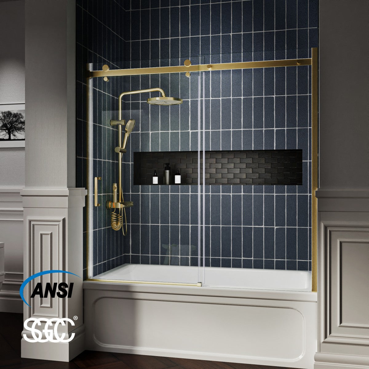 Zephyr 56-60" Semi-Frameless Single Sliding Tub Door,Brushed Gold,Bypass Bathtub Shower Tempered Glass Door with Explosion-Proof Film