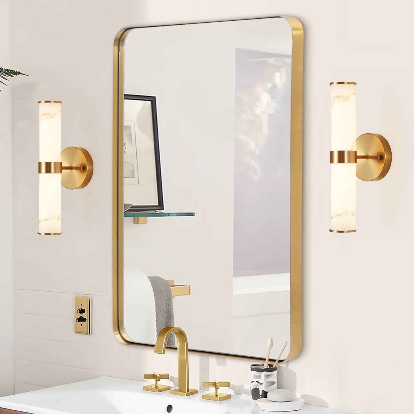 Exbrite Set of 2 Modern Marble-Effect Resin Wall Sconces with Gold Accents �C Elegant LED-Compatible Vanity Lights for Bedroom, Living Room & Hallway(Only Inoor)
