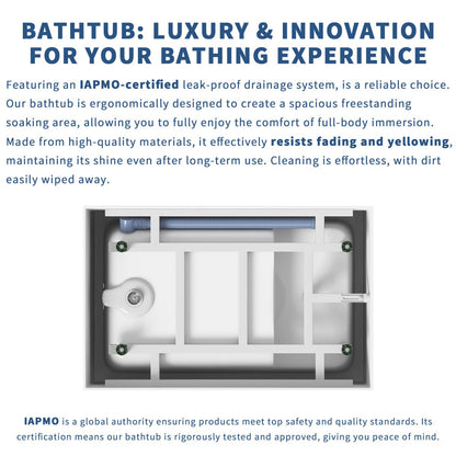 SQ-S Exbrite 43' Acrylic Freestanding Bathtub with seat,Spacious rectangle Shape, Gloss White Finish, Chrome Overflow & Pop-Up Drain - ExBriteUSA