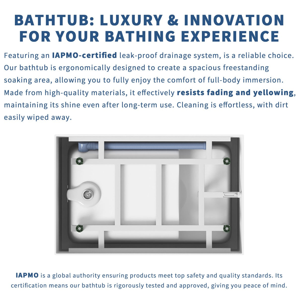 SQ Exbrite 43'  Acrylic Freestanding Bathtub ,Spacious rectangle Shape, Gloss White Finish, Chrome Overflow & Pop-Up Drain CUPC Certificate - ExBriteUSA