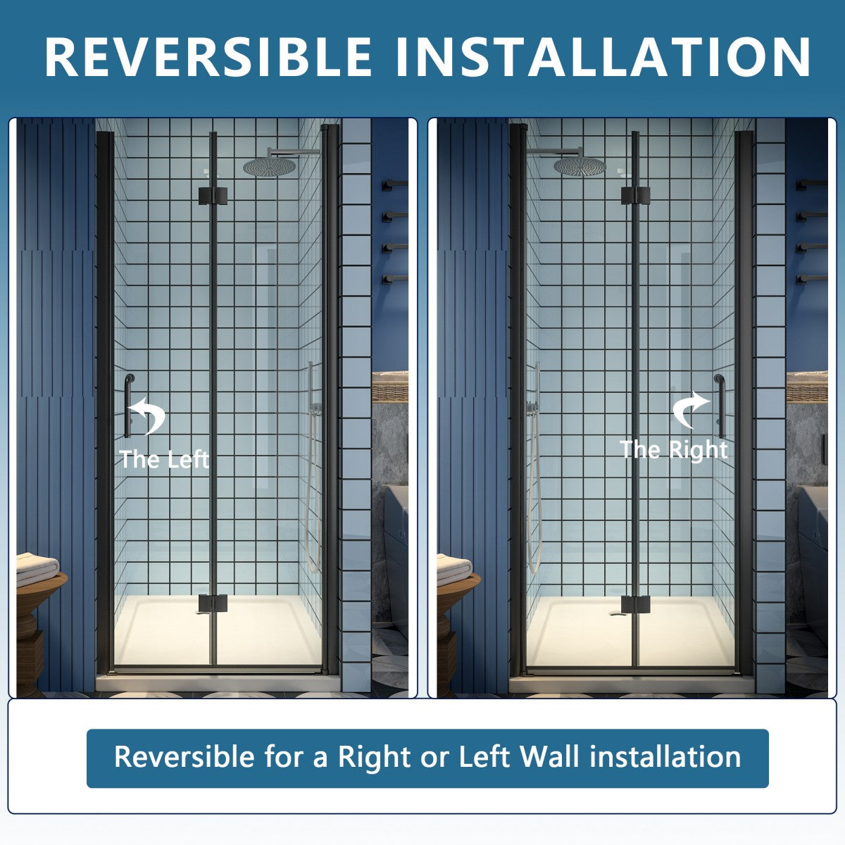 Exbrite Adapt Bifold Shower Door 32-34 in.W x 72 in.H Pivot Swing Shower Doors,Matte Black,Tempered Shower Glass - ExBriteUSA