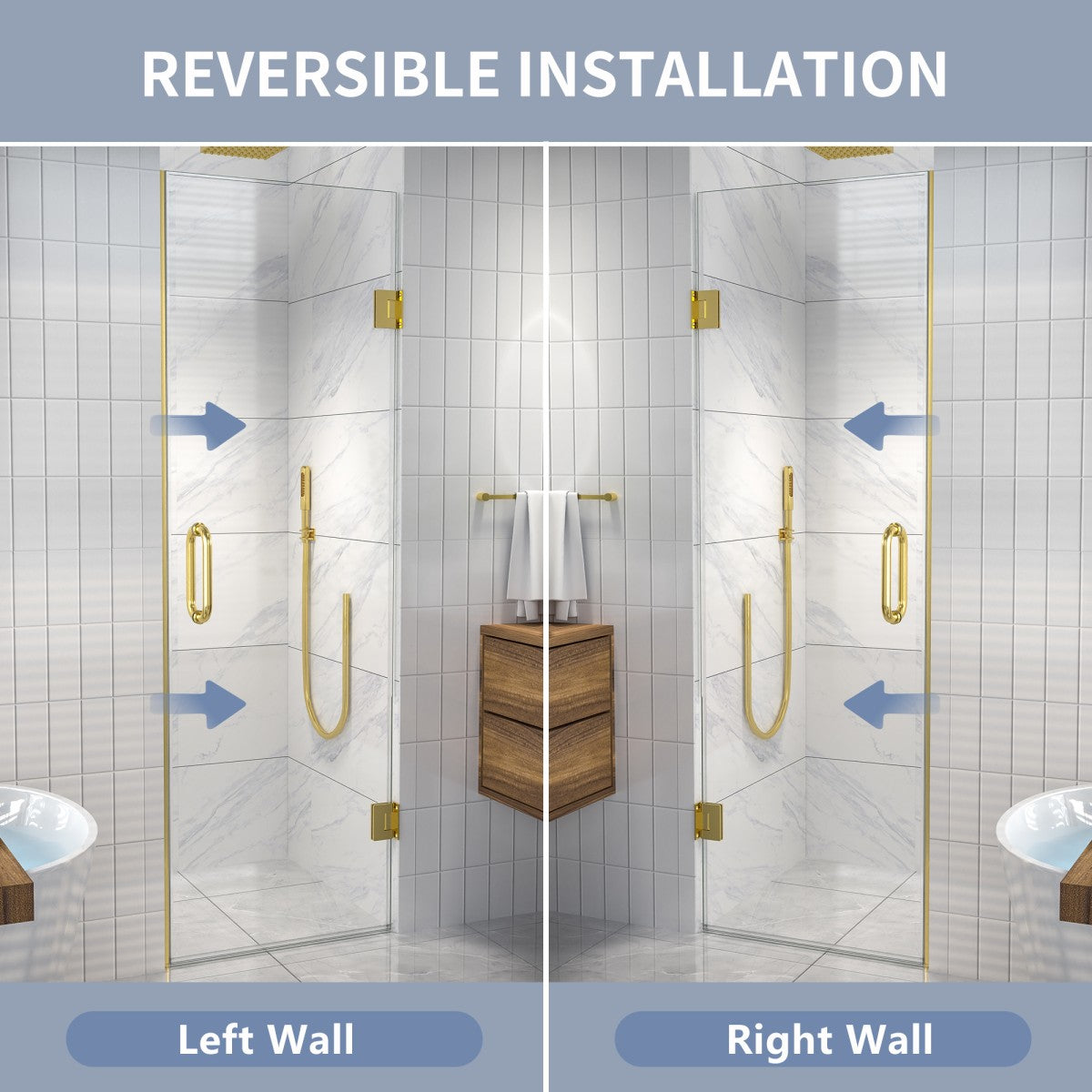 Valor 24"x72" Frameless Shower Door in Brush Gold,Water Repellent Glass with Seal Strip Parts and Handle,Glass Hinged Shower Door