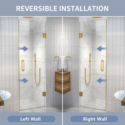Valor 24"x72" Frameless Shower Door in Brush Gold,Water Repellent Glass with Seal Strip Parts and Handle,Glass Hinged Shower Door