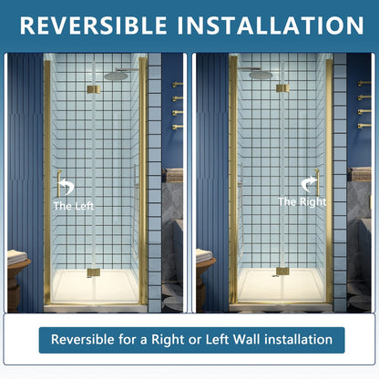 Exbrite Adapt Bifold Shower Door 30-32 in.W x 72 in.H Pivot Swing Shower Doors,Brushed Gold,Tempered Shower Glass - ExBriteUSA