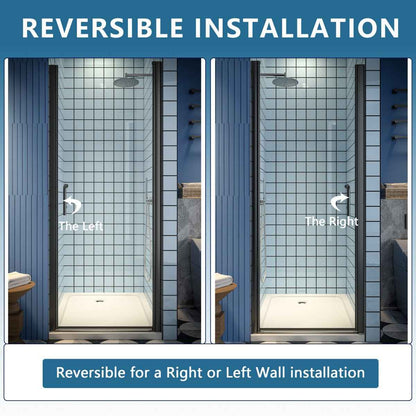 Classy 30-32" W x 72" H Pivot Shower Door Semi-Frameless Matte Black Hinged Glass Shower Door with Handle