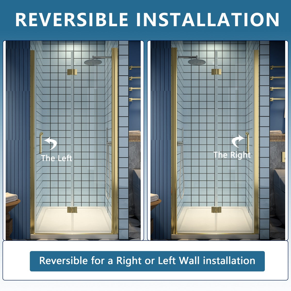 Exbrite Adapt Bifold Shower Door 34-36 in.W x 72 in.H Pivot Swing Shower Doors,Brushed Gold,Clear Tempered Glass - ExBriteUSA