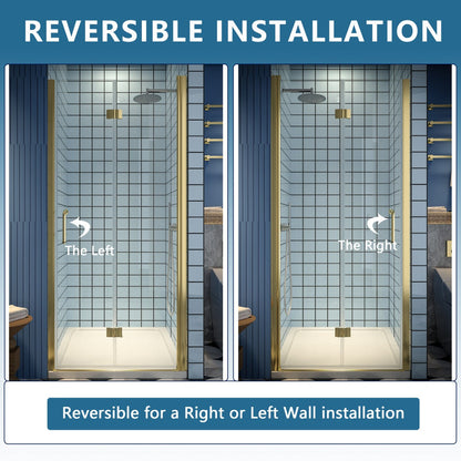 Exbrite Adapt Bifold Shower Door 34-36 in.W x 72 in.H Pivot Swing Shower Doors,Brushed Gold,Clear Tempered Glass - ExBriteUSA