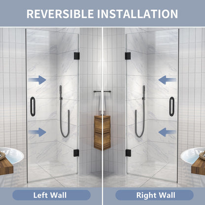 Valor Shower Door 28in.W x 72in.H Frameless Hinged Shower Door,Shower Room Glass Door with Clear Tempered Shower Glass Panel,Black