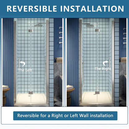 Exbrite Adapt Bifold Shower Door 30-32 in.W x 72 in.H Pivot Swing Shower Doors,Brushed Nickel,Tempered Glass - ExBriteUSA
