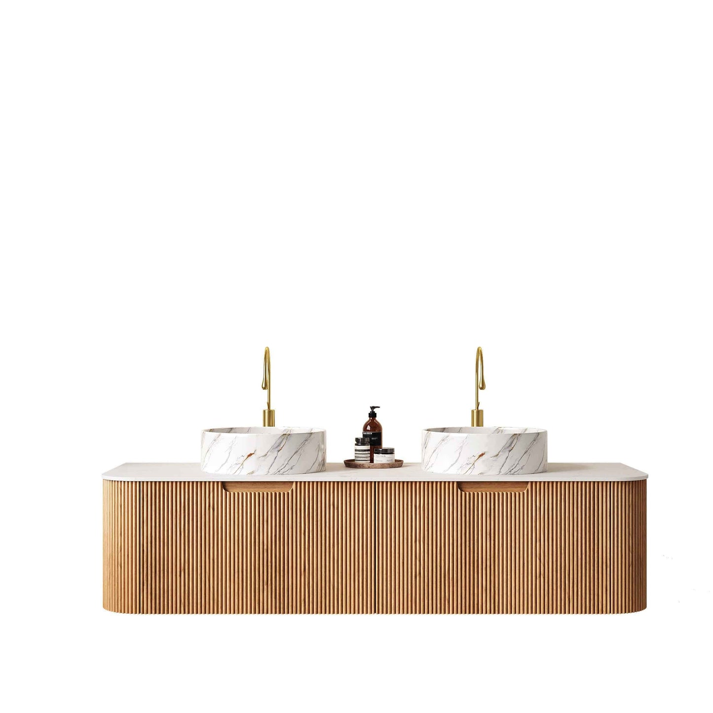 ExBrite DN 60' Bathroom Vanity with Sinks, Wall-Mounted Curved Edges Striped Bathroom Storage Cabinet with 2 Drawers, 2 White Round Ceramic Basin with Stone Pattern, Pre-assembled, Natural Woodgrain Color