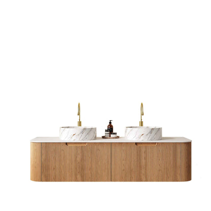 ExBrite DN 60' Bathroom Vanity with Sinks, Wall-Mounted Curved Edges Striped Bathroom Storage Cabinet with 2 Drawers, 2 White Round Ceramic Basin with Stone Pattern, Pre-assembled, Natural Woodgrain Color