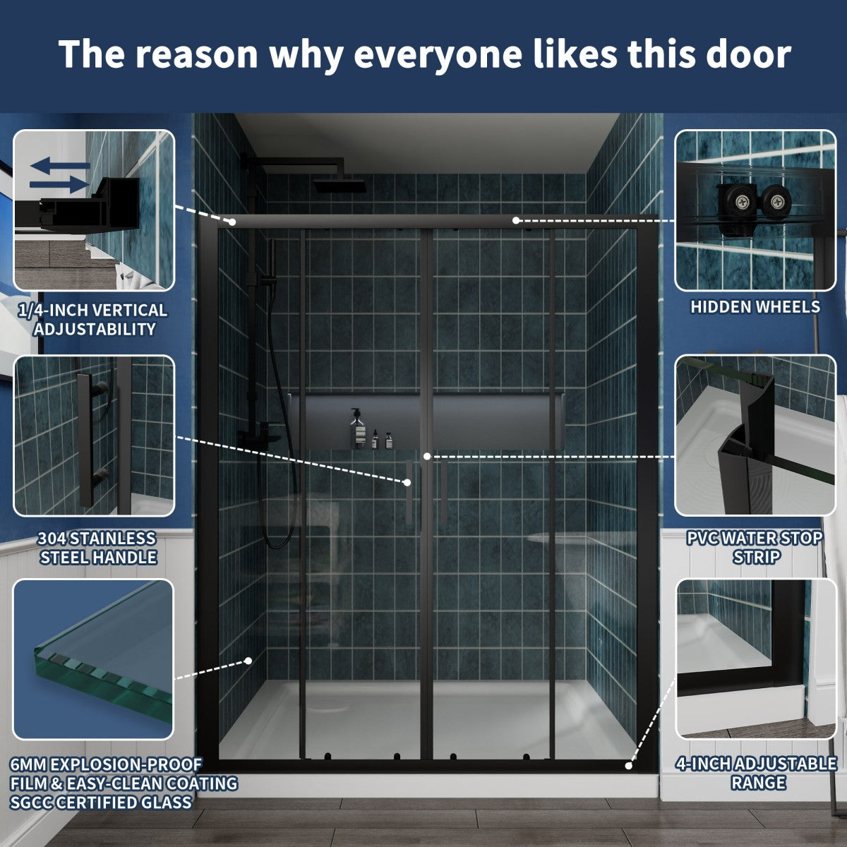 Holden 56-60"W x 70"H Easy Clean Shatter Proof Double Framed Sliding Shower Door with 1/4" (6mm) Clear SGCC Tempered Glass,Matte Black Finish