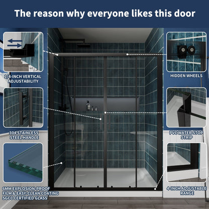 Holden 56-60"W x 70"H Easy Clean Shatter Proof Double Framed Sliding Shower Door with 1/4" (6mm) Clear SGCC Tempered Glass,Matte Black Finish