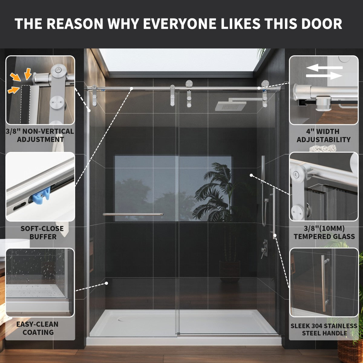 Anchor-B Allsumhome 56"-60"W x 76"H Frameless Sliding Shower Door,8mm Tempered Glass Shower Enclosure,Double Easy Clean Coat,Brushed Nickel,Buffer