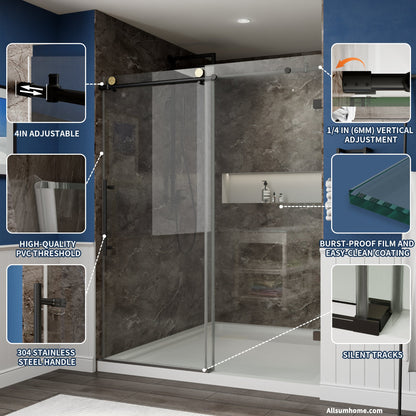 Anchor 56"-60" Width x 74" Height Frameless Sliding Shower Door,Clear Tempered Glass,Matte Black,Smooth Door Closing,Vertical Handle - ExBriteUSA