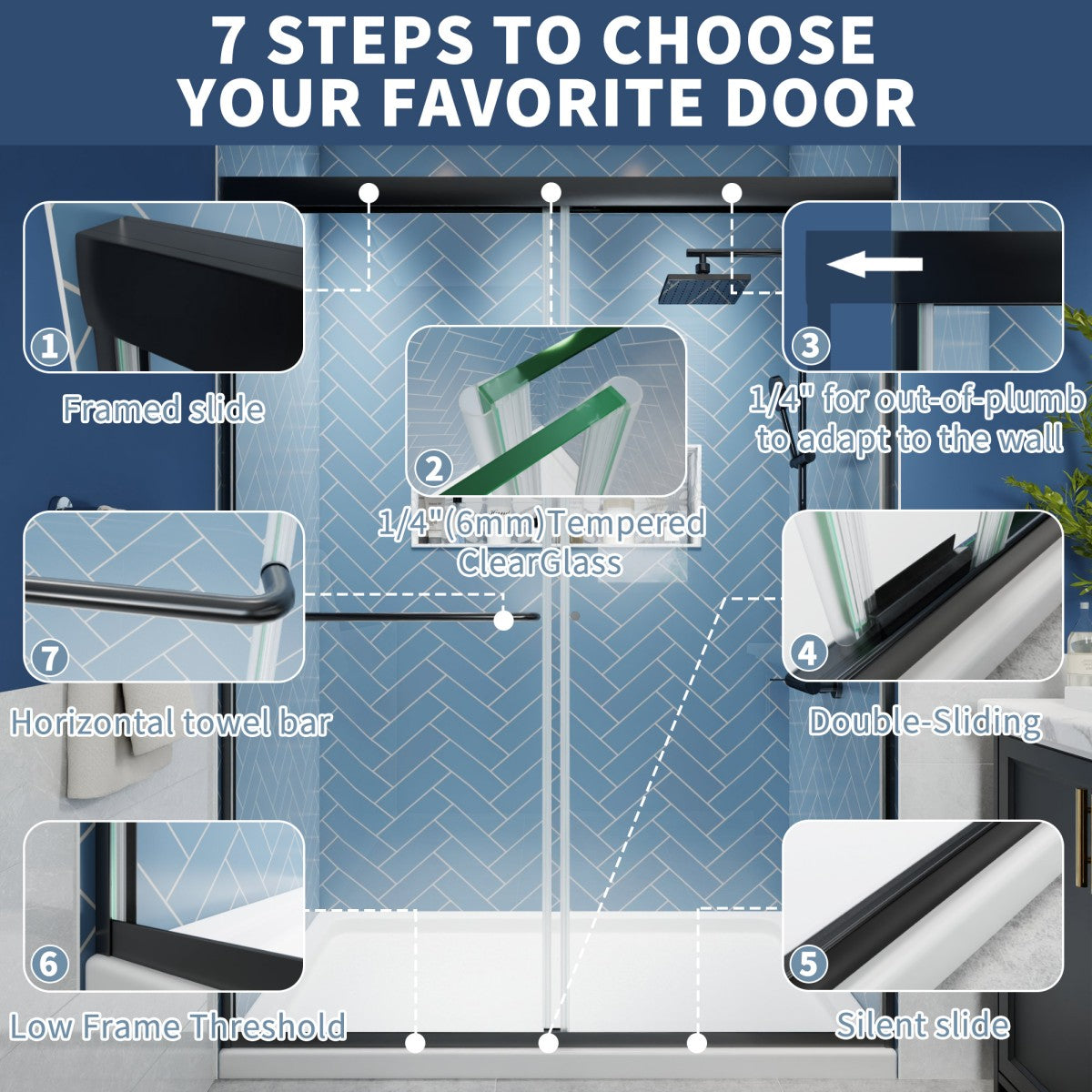 Glide 50-54 in. W x 70 in. H sliding glass shower doors in black with clear tempered glass and dual sliding function.