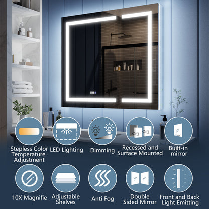 Bathroom mirror with LED lighting and various features highlighted