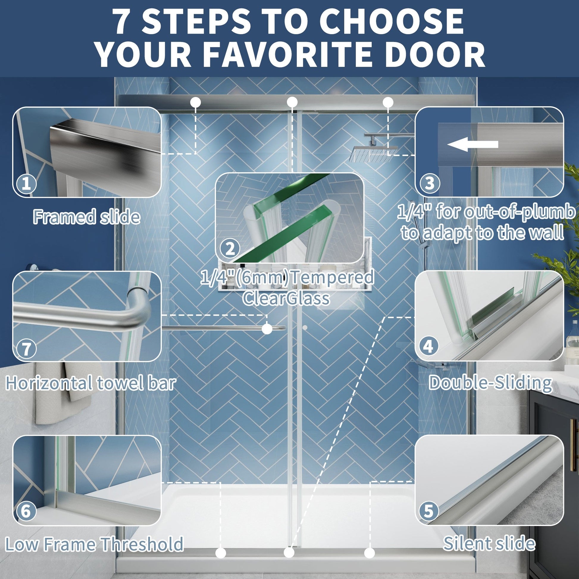 Glide 50-54 in. W x 70 in. H Sliding Glass Shower Doors Frame in Nickel,Clear Tempered Glass - ExBriteUSA