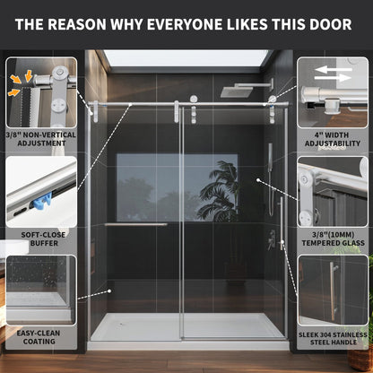 Anchor-B Allsumhome 56"-60"W x 70"H Frameless Sliding Shower Door,Tempered Glass,Shower Enclosure,Double Side Easy Clean Coat,Brushed Nickel ,Buffer