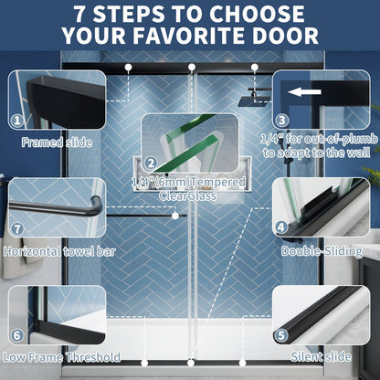 Glide Semi-Frameless Shower Door 56-60 in. W x 72 in. H Bypass Sliding Shower Enclosure,Matte Black,Double Sliding Glass Bathroom Doors - ExBriteUSA