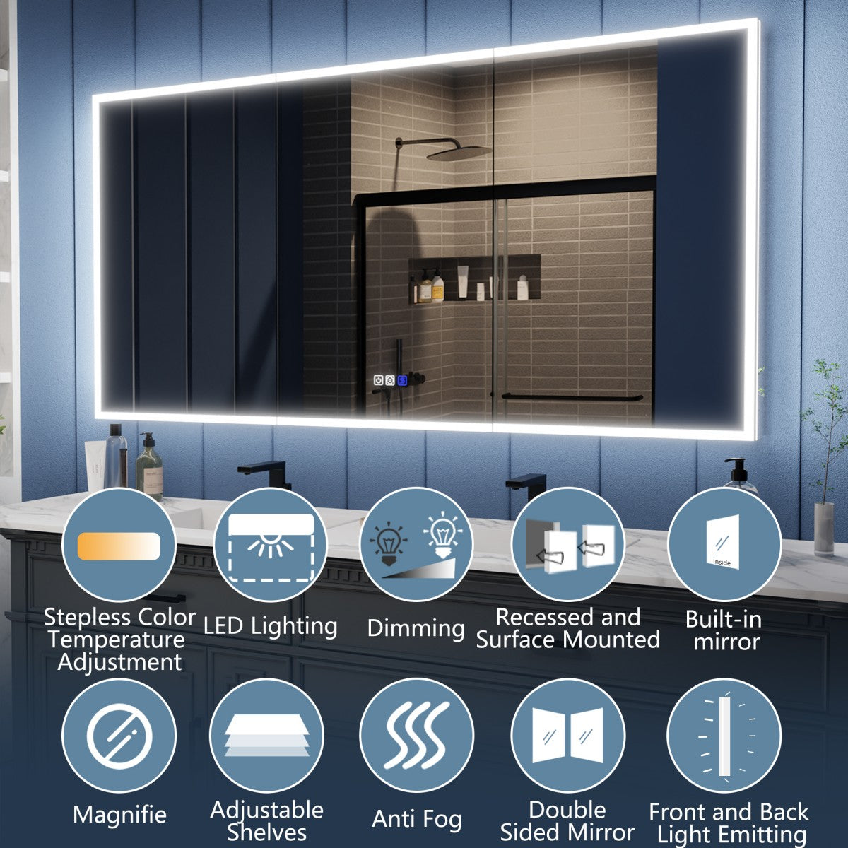 Illusion 72" x 36" LED Lighted Medicine Cabinet with Magnifiers Front and Back Light