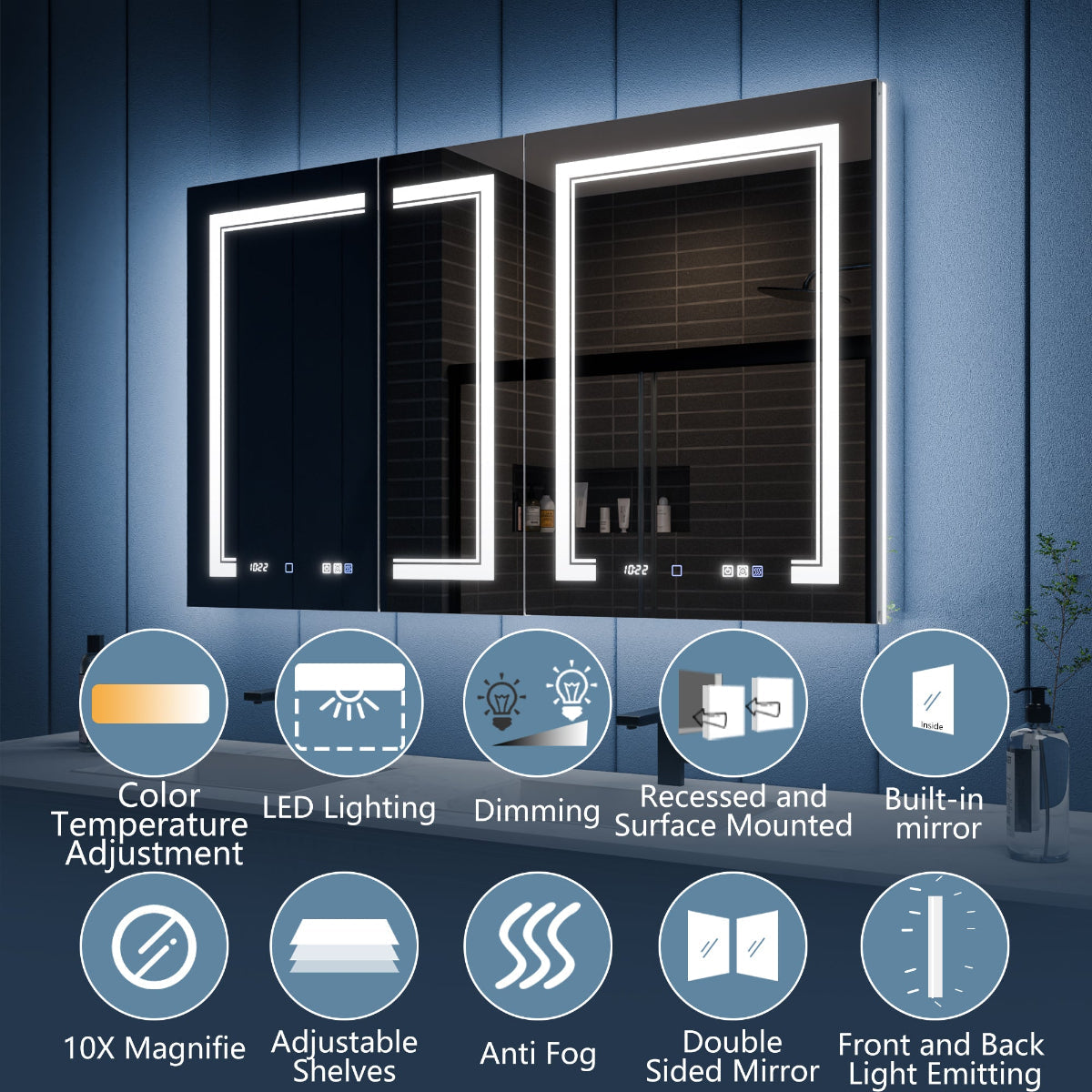 Illusion-B 54" x 32" LED Lighted Inset Mirrored Medicine Cabinet with Magnifiers Front and Back Light - ExBriteUSA