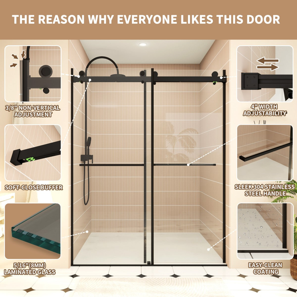 ExRoll-P Allsumhome 56"-60"W x 76"H Frameless Double Sliding Shower Door,10mm Tempered Glass Shower Enclosure,Easy Clean Coat,Matte Black,Buffer