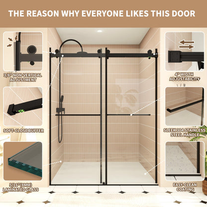 ExRoll-P Allsumhome 56"-60"W x 76"H Frameless Double Sliding Shower Door,10mm Tempered Glass Shower Enclosure,Easy Clean Coat,Matte Black,Buffer
