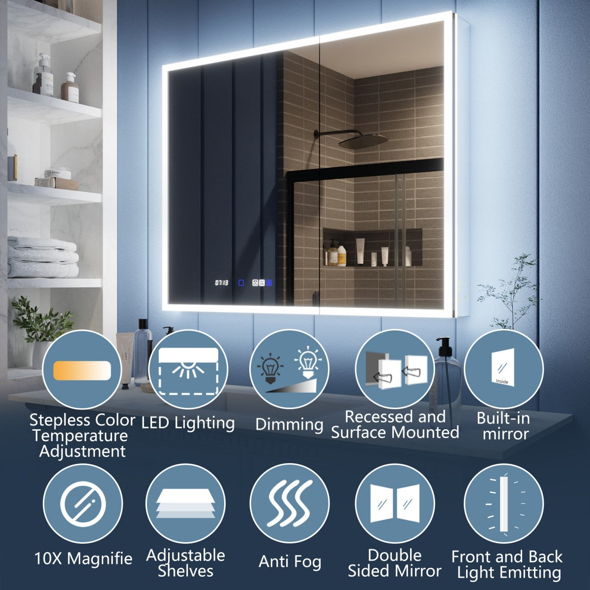 Illusion 40" x 32" LED Medicine Cabinet with Lights, Magnifiers Front and Back Light