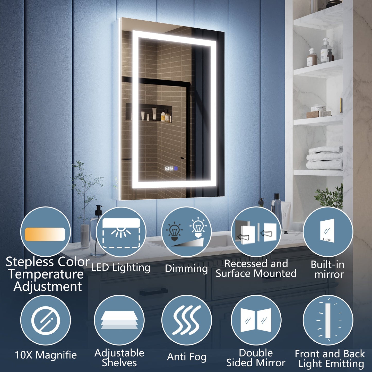 Illusion-B 24" x 36" LED Lighted Inset Mirrored Medicine Cabinet with Magnifiers Front and Back Light, Right Hinge