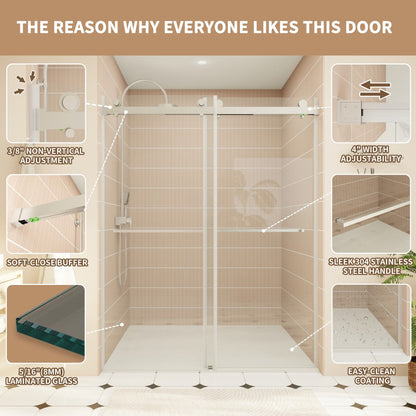 ExRoll-P Allsumhome 56"-60"W x 76"H Frameless Double Sliding Shower Door,10mm Tempered Glass Shower Enclosure,Easy Clean Coat,Brushed Nickel,Buffer