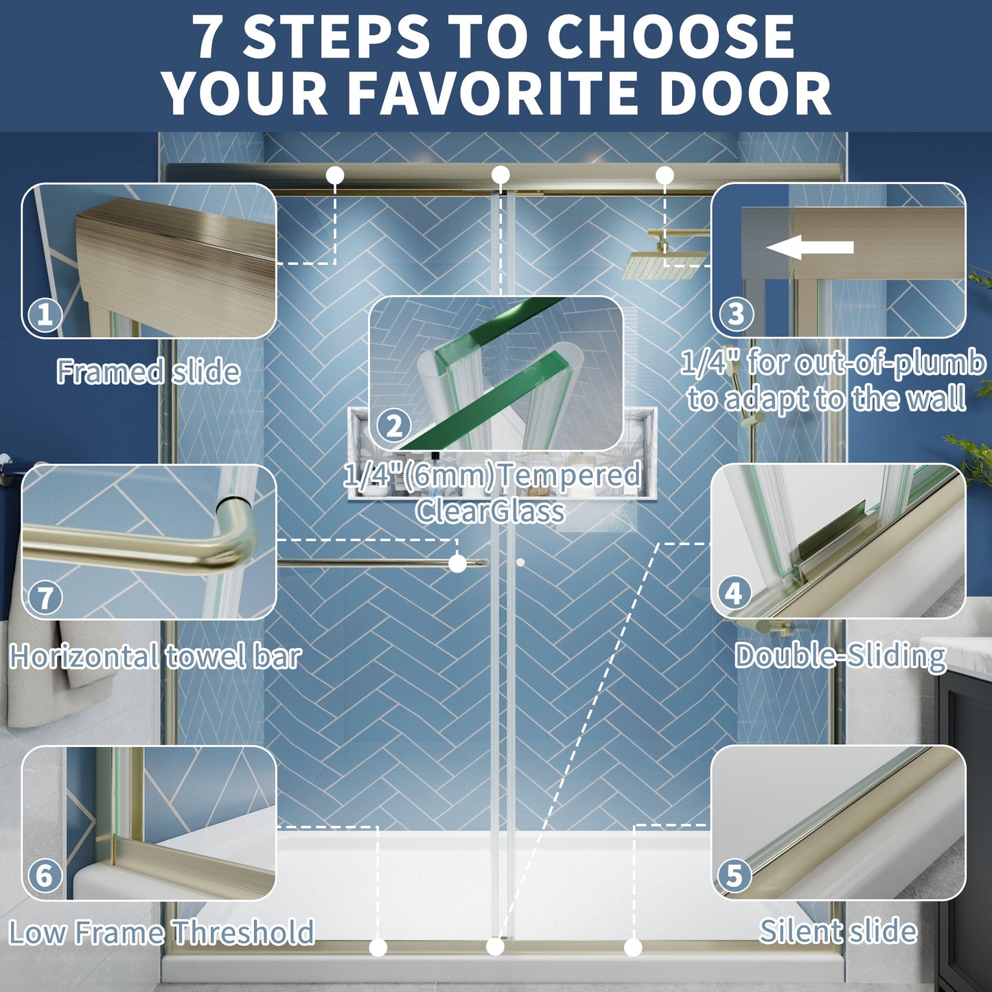 Glide Semi-Frameless Shower Door 56-60 in. W x 70 in. H Bypass Sliding Shower Enclosure,Brushed Gold,Double Sliding Glass Bathroom Doors - ExBriteUSA