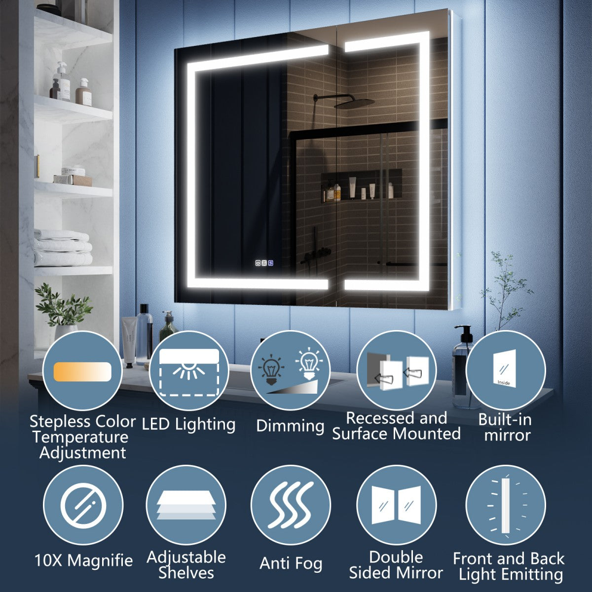 Illusion-B 42" x 36" LED Lighted Inset Mirrored Medicine Cabinet with Magnifiers Front and Back Light