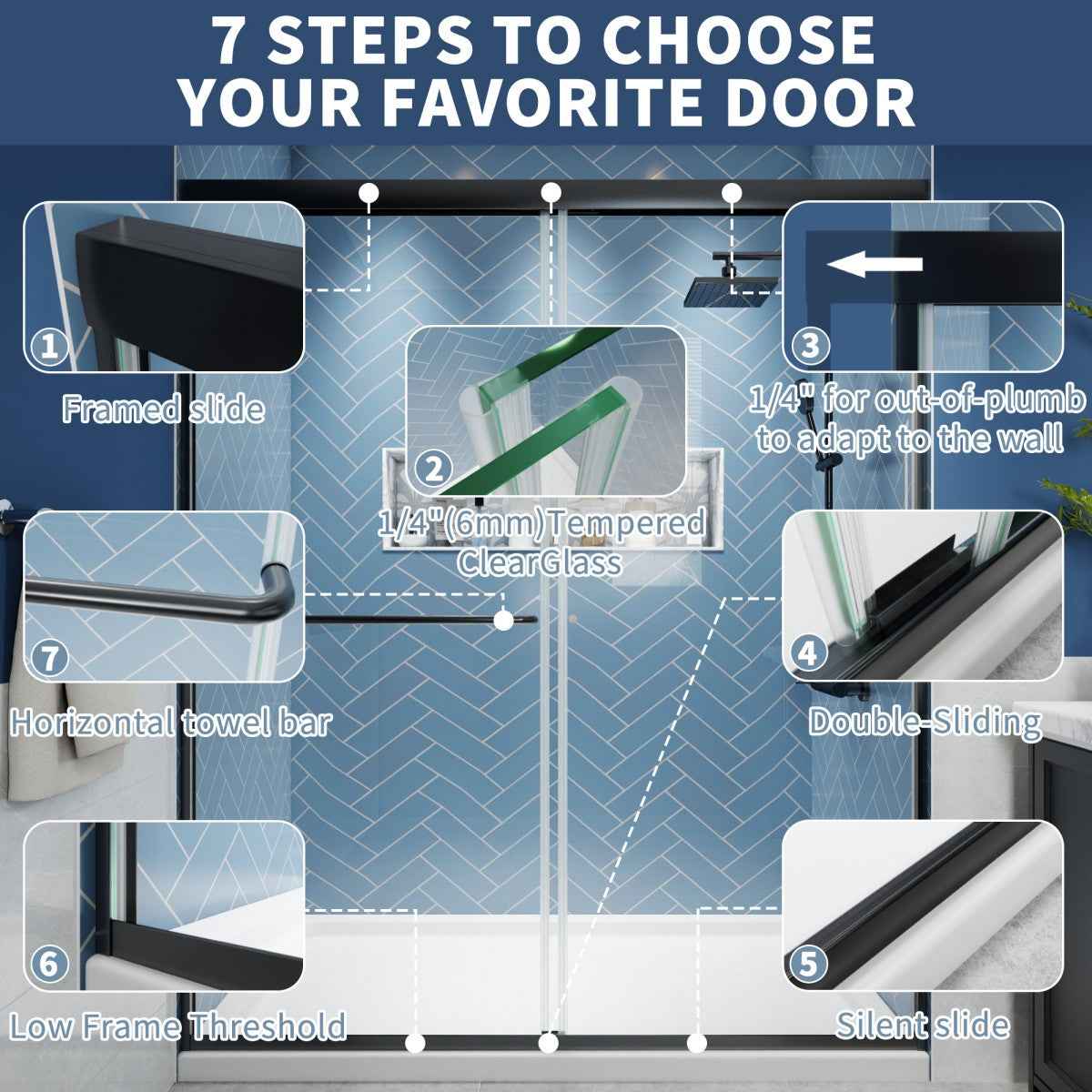 Glide 56-60"W x 70"H Black Frame Clear Tempered Sliding Glass Shower Doors for Bathroom