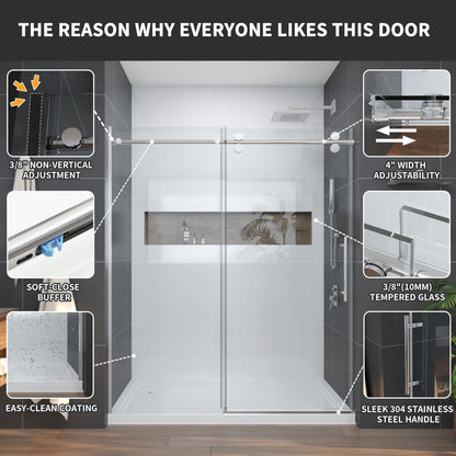 Anchor-H Allsumhome 56"-60"W x 76"H Frameless Sliding Shower Door,10mm Tempered Glass Shower Enclosure,Double Side Easy Clean Coat,Chrome,Buffer