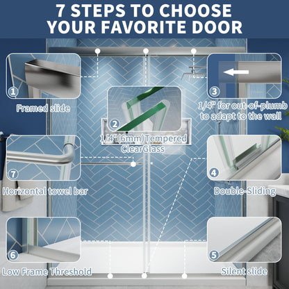 Glide Semi-Frameless Shower Door 56-60 in. W x 70 in. H Bypass Sliding Shower Enclosure,Brushed Nickel,Double Sliding Glass Bathroom Doors - ExBriteUSA