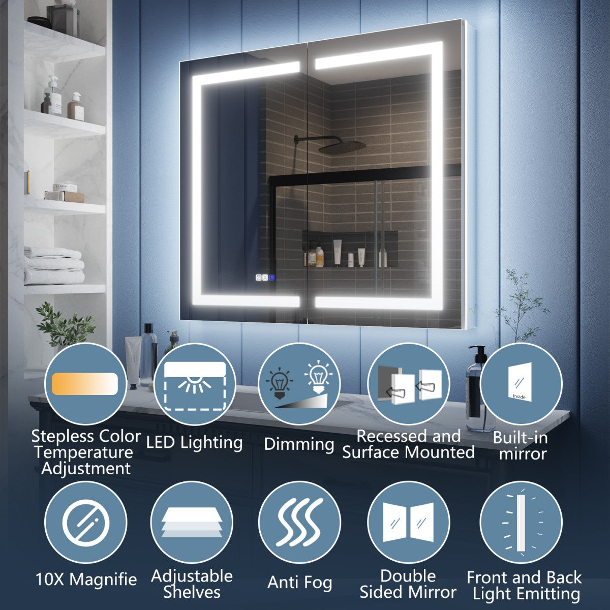 Bathroom mirror with LED lighting and various features displayed on a blue background