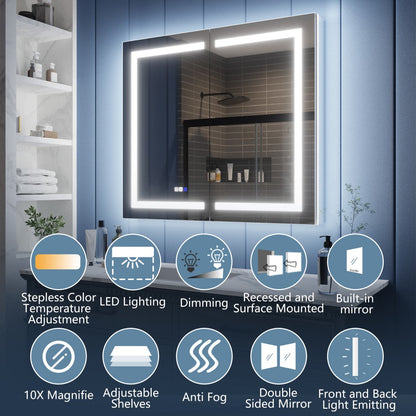 Bathroom mirror with LED lighting and various features displayed on a blue background