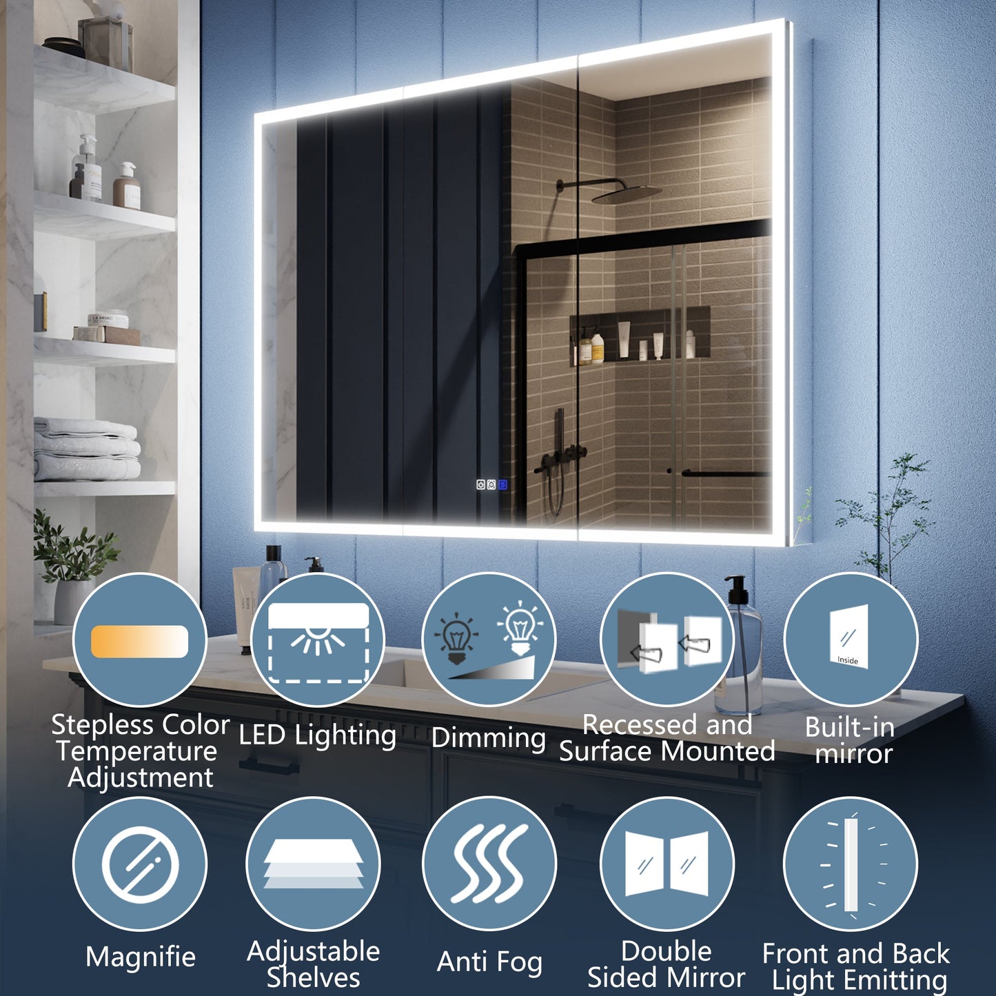Illusion 48" x 36" LED Lighted Medicine Cabinet with Magnifiers Front and Back Light