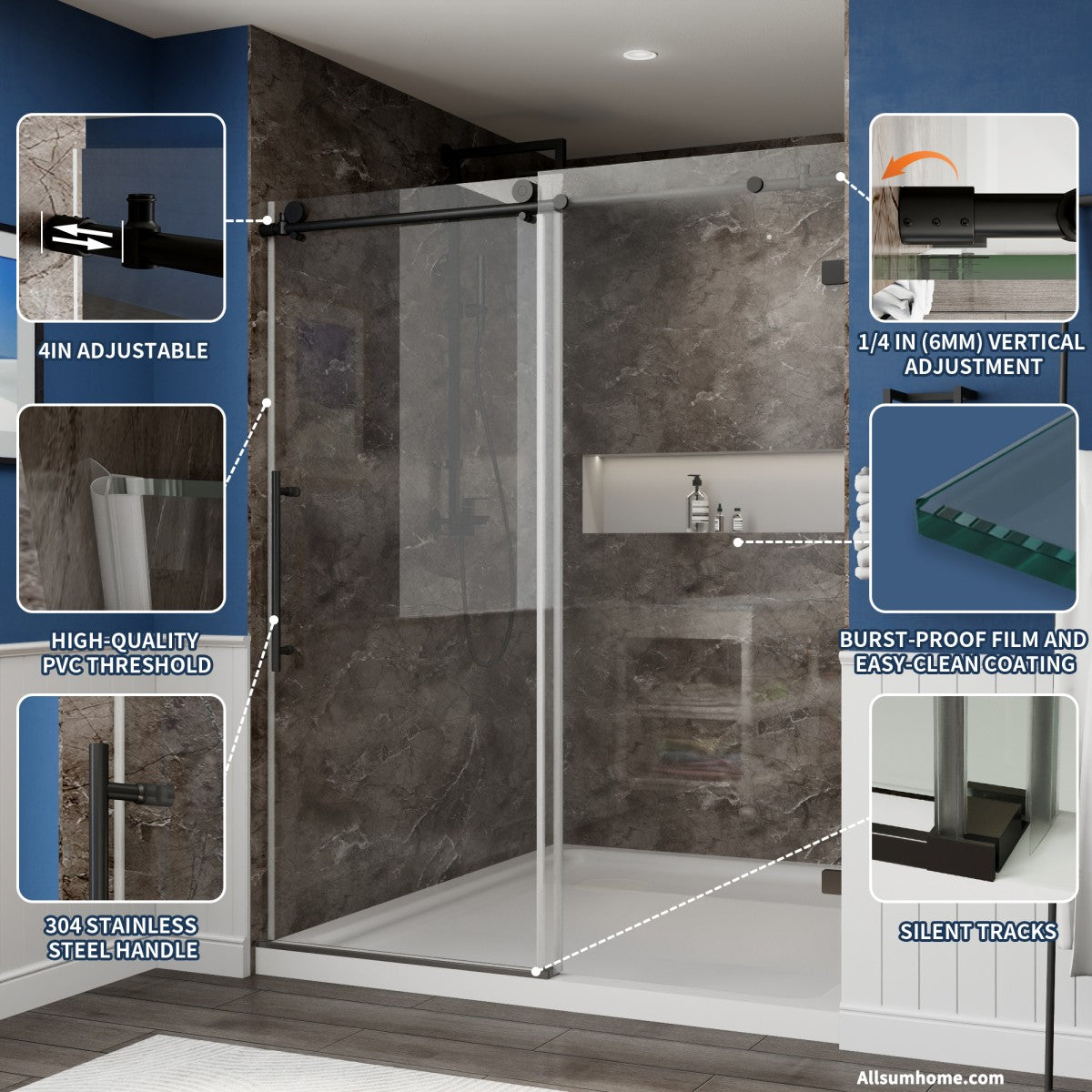 Anchor 56-60 in. W x 74 in. H Frameless Tall Shower Door Sliding Walk-in Shower Design with 8mm thick Clear Glass,Black - ExBriteUSA