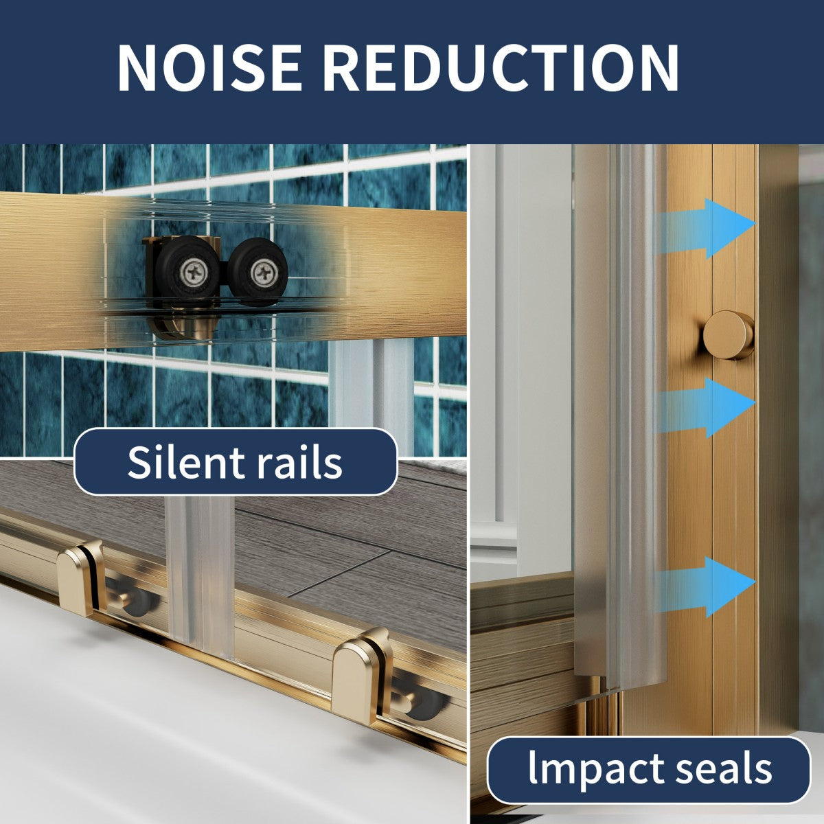 Window with silent rails and impact seals for noise reduction, blue tiled wall background.