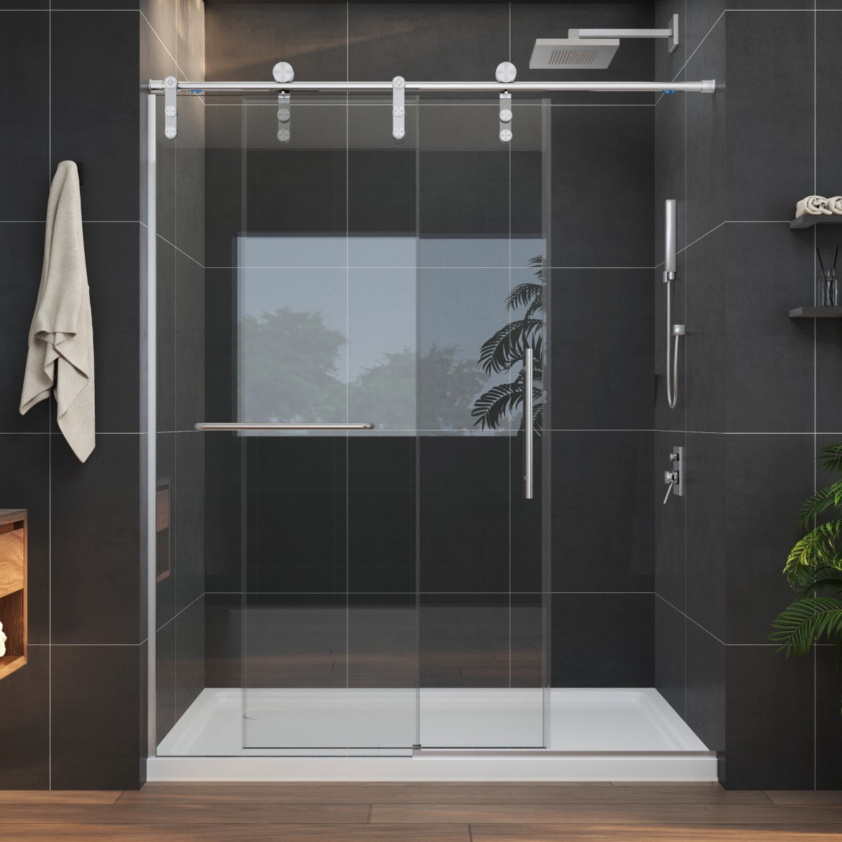 Anchor-B Allsumhome 56"-60"W x 70"H Frameless Sliding Shower Door,Tempered Glass,Shower Enclosure,Double Side Easy Clean Coat,Brushed Nickel ,Buffer