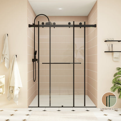 ExRoll-P Allsumhome 56"-60"W x 76"H Frameless Double Sliding Shower Door,10mm Tempered Glass Shower Enclosure,Easy Clean Coat,Matte Black,Buffer