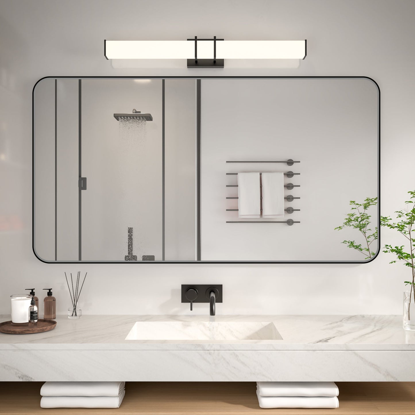 Noir 55" x 30" Vanity Mirror �C Modern, Elegant, Rectangular Wall Mirror with Tempered Glass, Shatterproof, Rust-Resistant, Matte Black Frame for Bathroom, Living Room & Hallway - ExBriteUSA